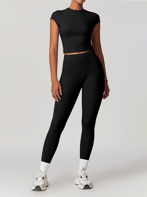 Two-Piece Set Women's Solid Round Neck Crop Top & High Waist Leggings Tracksuit Set, Gym Sets for Women, Sporty Breathable Comfy Outfits for Yoga Gym Workout Running, Ladies Sportswear, Jogging Suit Set