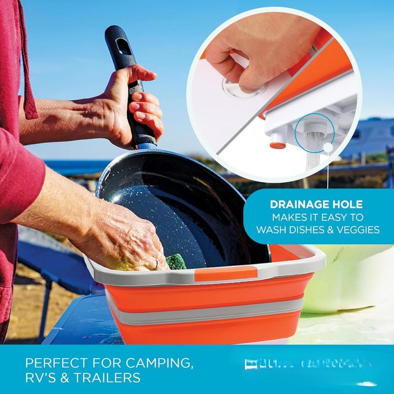 Collapsible Large BBQ Prep Tub w Cutting Board, Multi-Function Grill Caddy w Colander & Lid, Portable Silicone Dish Bowl for Picnic, Tailgate, Camping - Orange