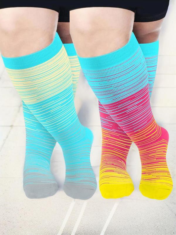 Plus Size 2 Pairs Striped Print Compression Over The Knee Socks, Athletic Running Socks, Soft Comfy Breathable Sports Socks for Women & Men