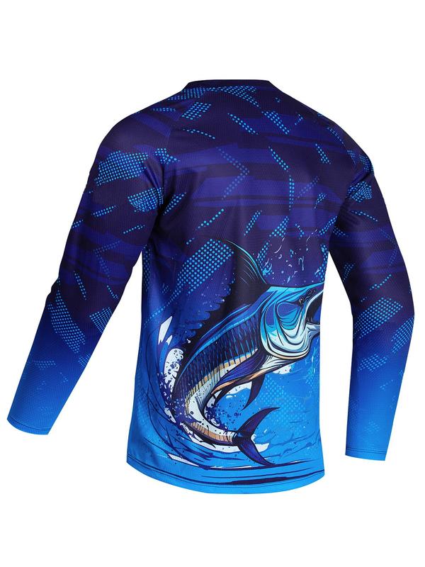 Men's Fish Print Round Neck Raglan Sleeve Sports Tee, Regular Fit Long Sleeve T-shirt for Men, Summer Outfits 2024, Summer Clothes