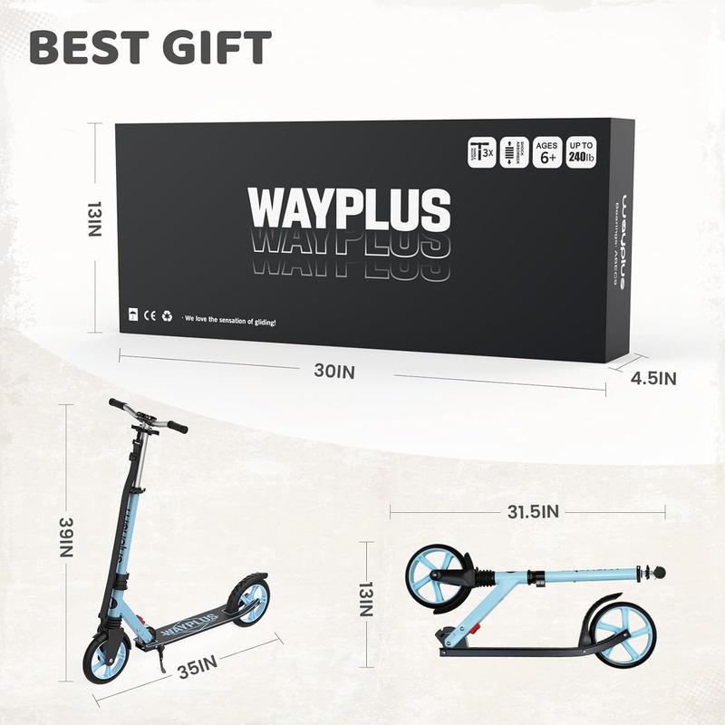 WAYPLUS Kick Scooter for Teens & Adults. Max Load 240 LBS. Foldable, Lightweight, 8IN Big Wheels For Teen and Adults, 4 Adjustable Levels. Bearing ABEC9