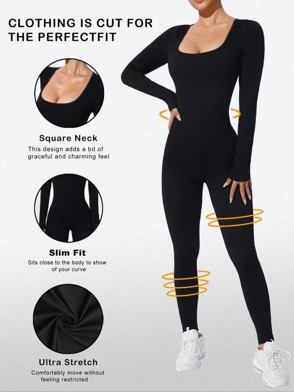 Plain Square Neck Sports Jumpsuit for Women, Sporty Body Jumpsuits, Long Sleeve Skinny Jumpsuit for Spring & Fall, Summer Sportswear, Ladies Clothes for Yoga Fitness