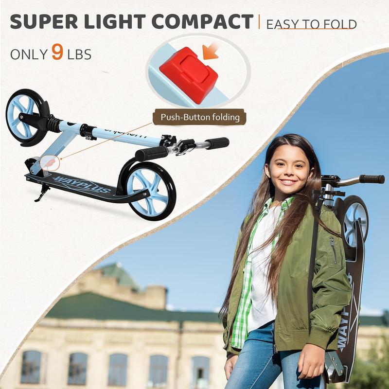 WAYPLUS Kick Scooter for Teens & Adults. Max Load 240 LBS. Foldable, Lightweight, 8IN Big Wheels For Teen and Adults, 4 Adjustable Levels. Bearing ABEC9