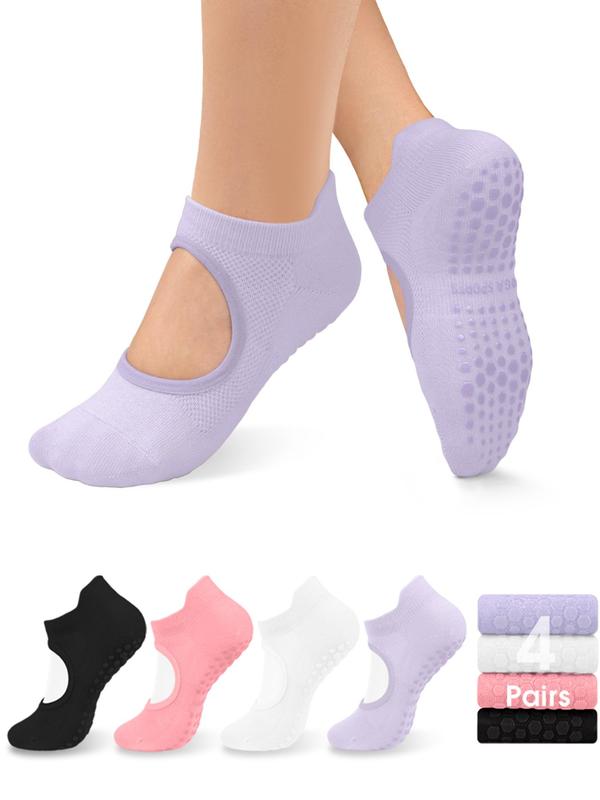 Sporty Women's 4 Pairs Plain Cut Out Sport Ankle Socks, Non-Slip Grip Socks for Yoga Barre Pilates Zumba, Athletic Socks for Women