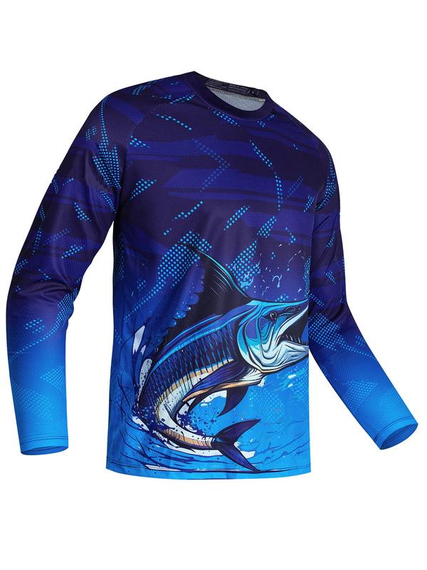 Men's Fish Print Round Neck Raglan Sleeve Sports Tee, Regular Fit Long Sleeve T-shirt for Men, Summer Outfits 2024, Summer Clothes