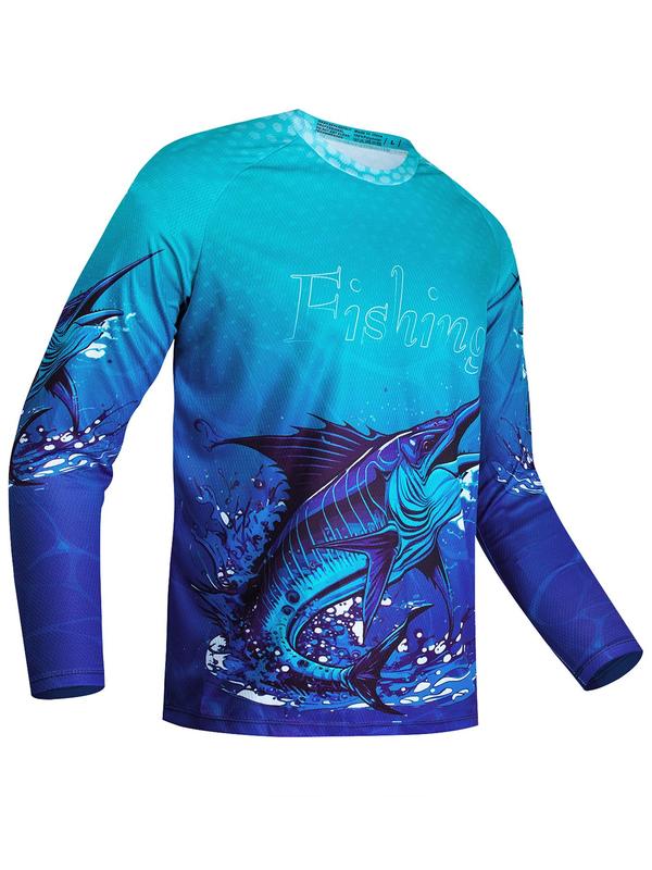 Men's Fish Print Round Neck Raglan Sleeve Sports Tee, Regular Fit Long Sleeve T-shirt for Men, Summer Outfits 2024, Summer Clothes