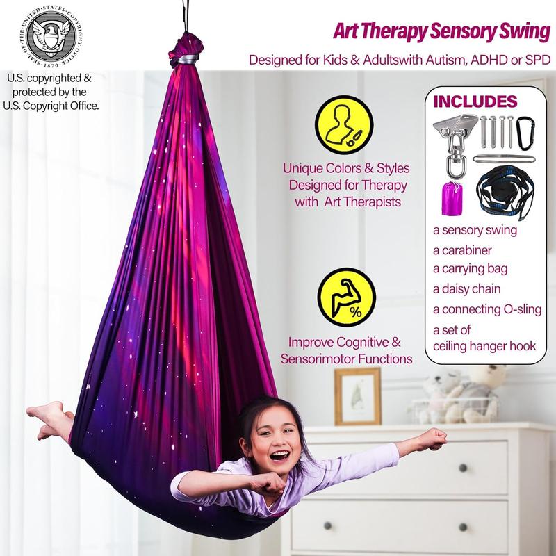 Sensory Swing for  & Adults Holds up to 300lbs Indoor & Outdoor Double Layer  Cuddle Swing with 360? Swivel Hanger Kit for Calming, Effect for ,  or SPD. (Galaxy Purple)