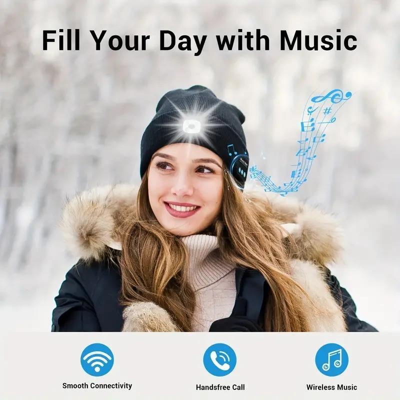 Bluetooth Beanie with LED Headlights & Removable Speakers, USB Rechargeable Knit Warm Winter Hat Balaclava Hat for Music and Calling Sport, Outdoor, Unisex Thanksgiving Gift