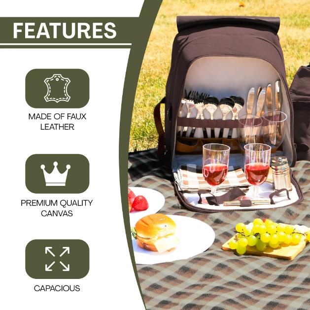 Canvas and Faux Leather Picnic Backpack for 4 with Insulated Basket, Blanket, Plates, and Cutlery Set