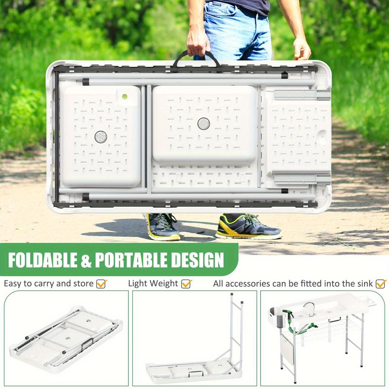 Portable Fish Cleaning Table With Sink, Folding Outdoor Camping Sink Station With Hose Hook Up, With Spray Gun And Tool Kit Heavy Duty Fillet Table With Faucet For Dock Beach Patio Picnic