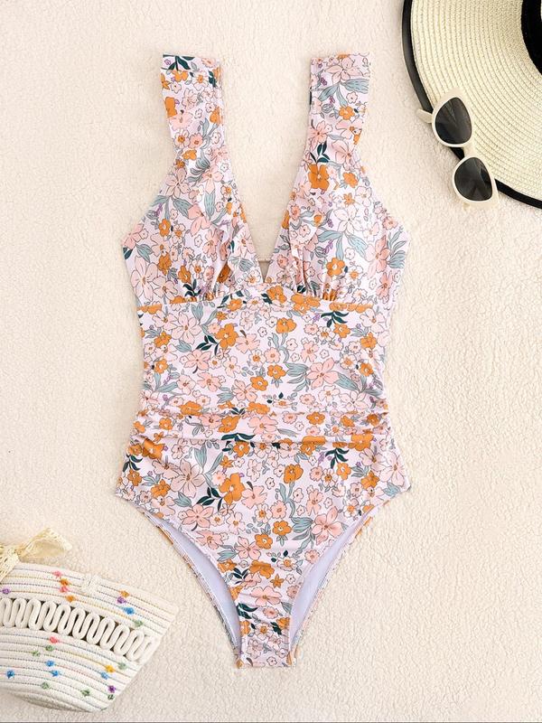 Women's Floral Print Ruffle Trim One-piece Swimsuit, Casual V Neck Sleeveless Swimwear for Summer, Ladies Swimsuit for Beach Holiday Vacation