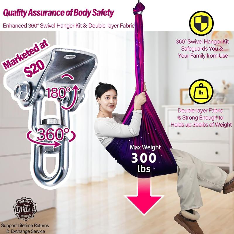 Sensory Swing for  & Adults Holds up to 300lbs Indoor & Outdoor Double Layer  Cuddle Swing with 360? Swivel Hanger Kit for Calming, Effect for ,  or SPD. (Galaxy Purple)