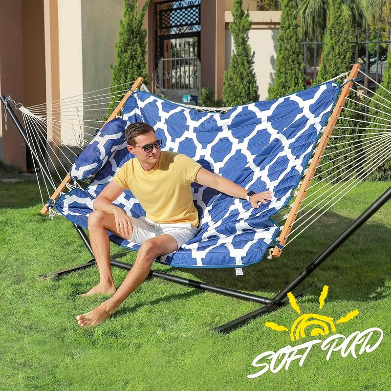 Double Outdoor Hammock With Stand, 2 Person Cotton Rope Hammock With Polyester Pad And Pillow For Backyard Porch Patio Garden