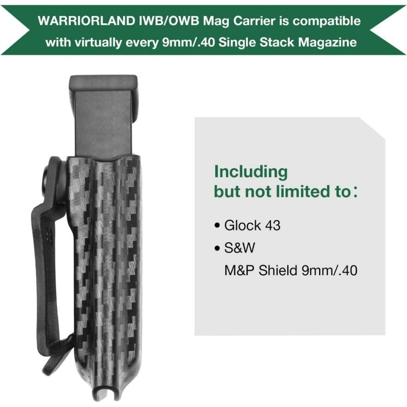 WARRIORLAND Mag Carrier IWB OWB Magazine Holster Optional:  9mm .40 Single Stack,Carbon Fiber,Ambidextrous Kydex Magzine Holder