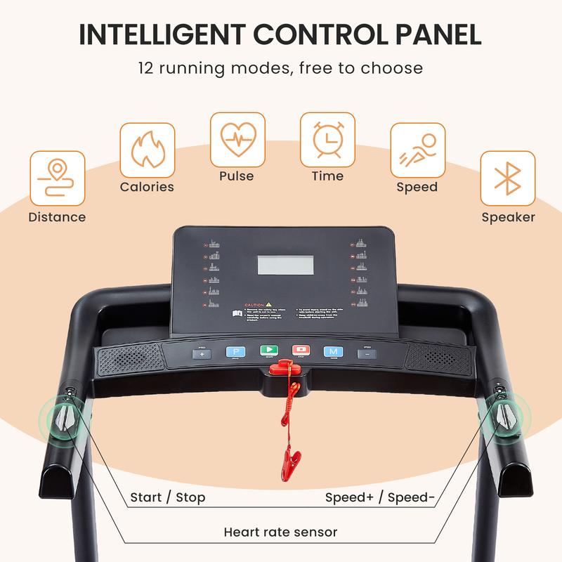 Treadmills - 2.5 HP hydraulic folding removable treadmill with 3-speed incline adjustment, 12 preset programs, 3 countdown modes, heart rate, bluetooth and more, suitable for home and gym use