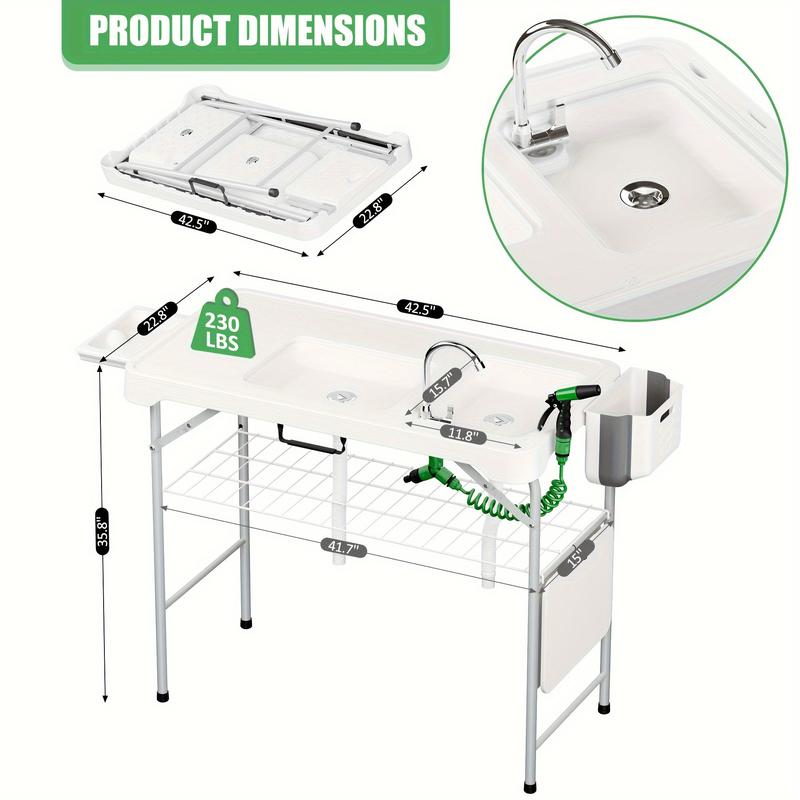 Portable Fish Cleaning Table With Sink, Folding Outdoor Camping Sink Station With Hose Hook Up, With Spray Gun And Tool Kit Heavy Duty Fillet Table With Faucet For Dock Beach Patio Picnic