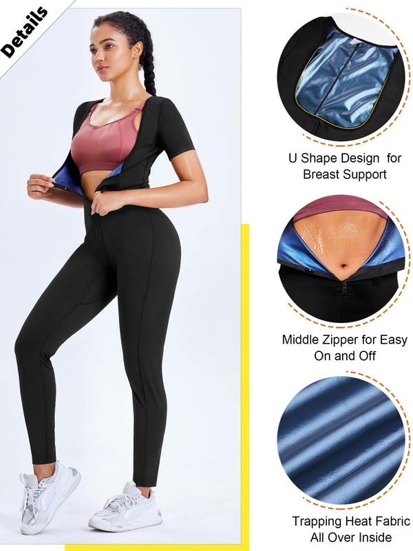 Women's Solid Zip Up Sports Sauna Jumpsuit, Sporty High Stretch Short Sleeve Jumpsuit for Daily Wear, Ladies Sportswear for All Seasons, Jumpsuit for Women, Gym Clothes