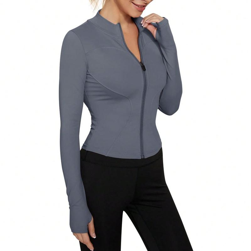 Women's Sport Jacket Lightweight Full Zip Up Yoga Jacket,Suitable For Outdoor Activities,Slim Fit Workout Gym Running With Thumb Holes, Solid Color Stand Collar Sports Tops, Slim Fit Yoga Outerwear, Women's Sportswear Workout Clothing For Indoor Outdoor