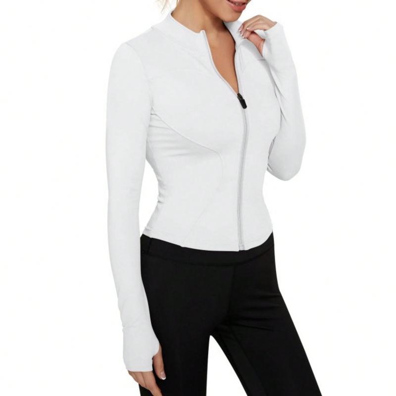 Women's Sport Jacket Lightweight Full Zip Up Yoga Jacket,Suitable For Outdoor Activities,Slim Fit Workout Gym Running With Thumb Holes, Solid Color Stand Collar Sports Tops, Slim Fit Yoga Outerwear, Women's Sportswear Workout Clothing For Indoor Outdoor