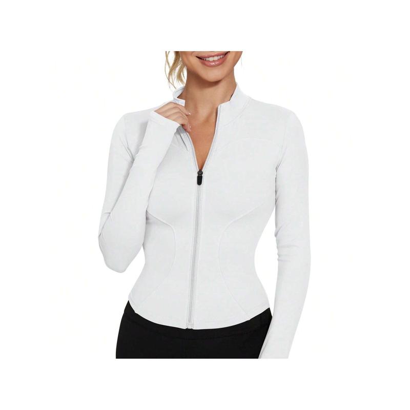 Women's Sport Jacket Lightweight Full Zip Up Yoga Jacket,Suitable For Outdoor Activities,Slim Fit Workout Gym Running With Thumb Holes, Solid Color Stand Collar Sports Tops, Slim Fit Yoga Outerwear, Women's Sportswear Workout Clothing For Indoor Outdoor