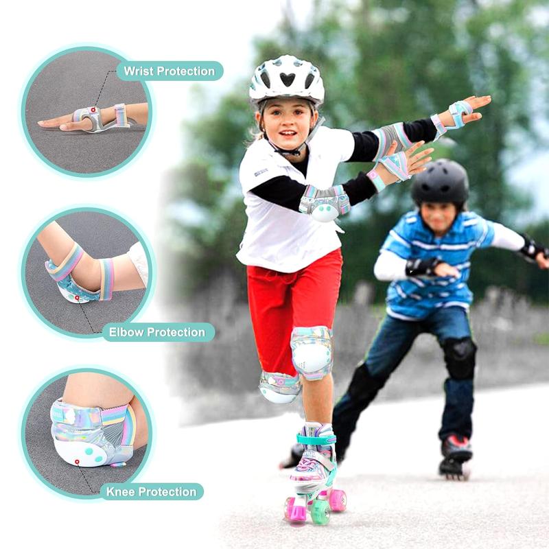 SULIFE Rainbow Unicorn Knee Pads for Kids Knee Elbow Pads Wrist Guards with Drawstring Bag Adjustable Protective Gear Set for Girls Boys Roller Skating Bike Cycling Skateboard Scooter Shiny Small