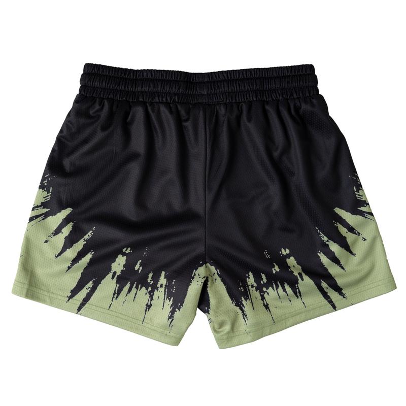 [Kill Crew] Muay Thai Shorts Shatter - Black   Olive, Unisex, Mid Thigh Cut, Pockets, Gym Shorts, Elastic Waistband, Long drawcord with wax tips