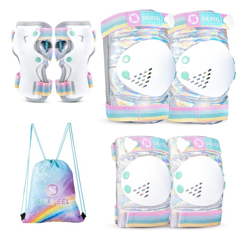 SULIFE Rainbow Unicorn Knee Pads for Kids Knee Elbow Pads Wrist Guards with Drawstring Bag Adjustable Protective Gear Set for Girls Boys Roller Skating Bike Cycling Skateboard Scooter Shiny Small