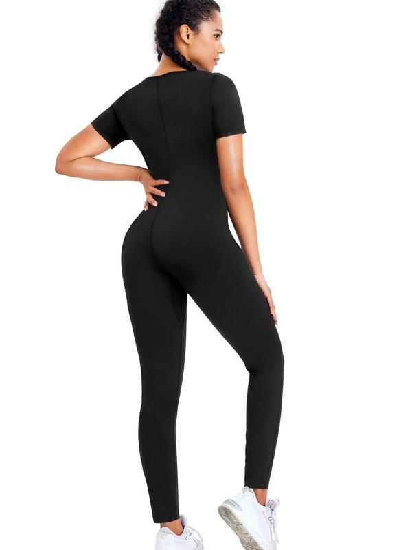 Women's Solid Zip Up Sports Sauna Jumpsuit, Sporty High Stretch Short Sleeve Jumpsuit for Daily Wear, Ladies Sportswear for All Seasons, Jumpsuit for Women, Gym Clothes