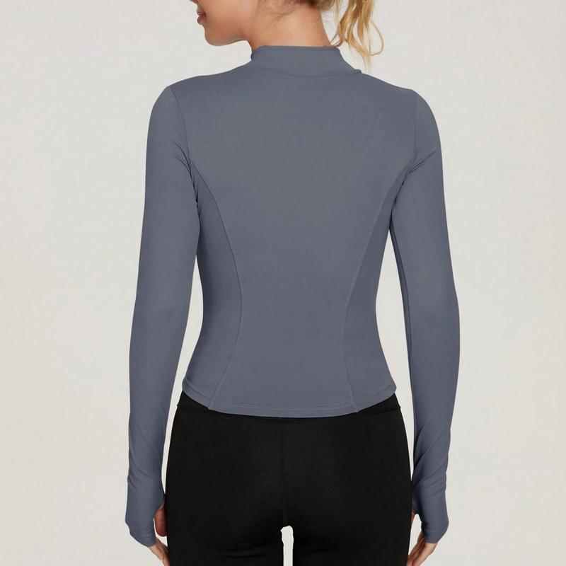 Women's Sport Jacket Lightweight Full Zip Up Yoga Jacket,Suitable For Outdoor Activities,Slim Fit Workout Gym Running With Thumb Holes, Solid Color Stand Collar Sports Tops, Slim Fit Yoga Outerwear, Women's Sportswear Workout Clothing For Indoor Outdoor