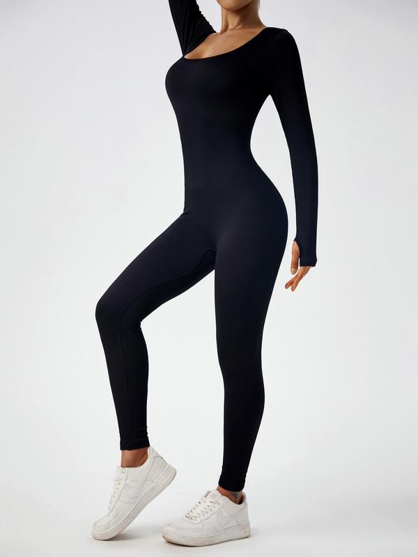 Women's Solid Color Finger Hole Long Sleeve Sports Skinny Jumpsuit, Sporty Square Neck Tight Sleeve Sports Jumpsuit for Workout Gym, Ladies Sportswear Clothing