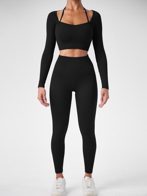 Two Counts Women's Solid Ribbed Long Sleeve Halter Crop Top & High Waist Leggings Tracksuit Set, Tight Cropped Top & Wide Waistband Sports for Workout Gym, Tracksuits for Women, Women's Sportswear