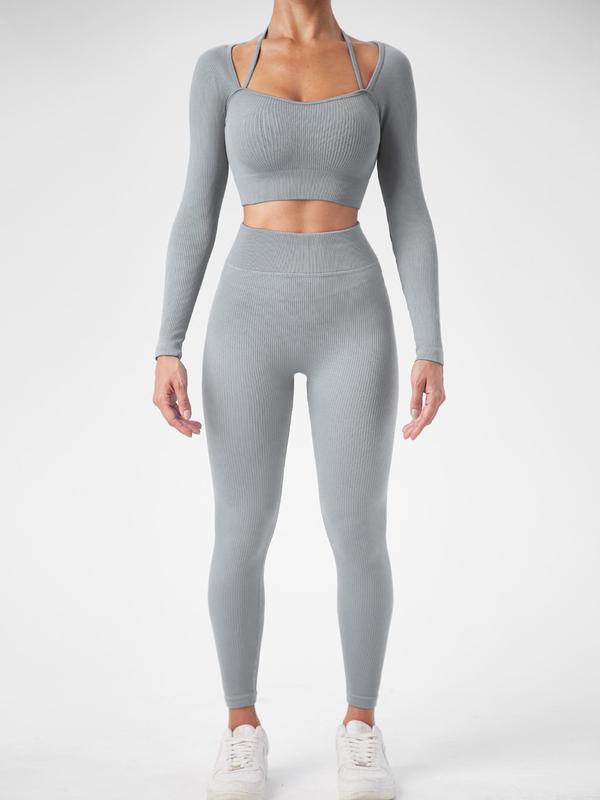 Two Counts Women's Solid Ribbed Long Sleeve Halter Crop Top & High Waist Leggings Tracksuit Set, Tight Cropped Top & Wide Waistband Sports for Workout Gym, Tracksuits for Women, Women's Sportswear