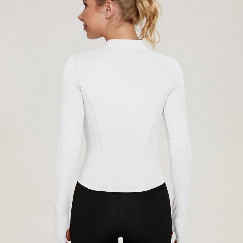 Women's Sport Jacket Lightweight Full Zip Up Yoga Jacket,Suitable For Outdoor Activities,Slim Fit Workout Gym Running With Thumb Holes, Solid Color Stand Collar Sports Tops, Slim Fit Yoga Outerwear, Women's Sportswear Workout Clothing For Indoor Outdoor