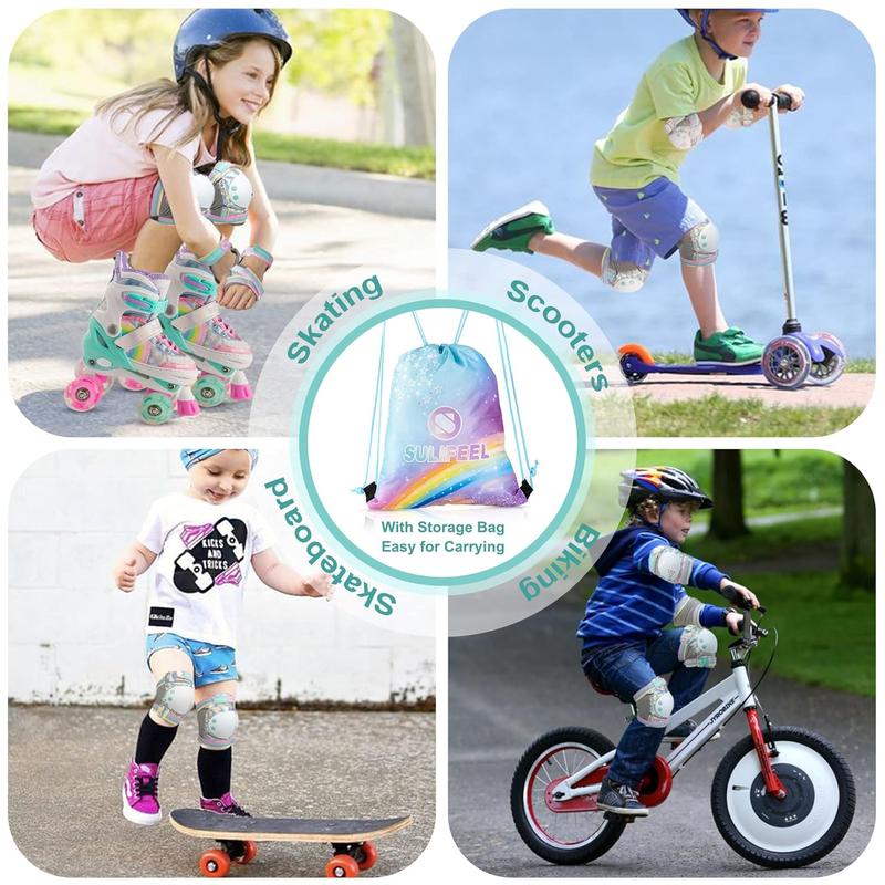 SULIFE Rainbow Unicorn Knee Pads for Kids Knee Elbow Pads Wrist Guards with Drawstring Bag Adjustable Protective Gear Set for Girls Boys Roller Skating Bike Cycling Skateboard Scooter Shiny Small