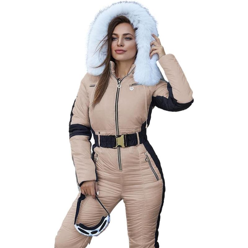 Fisoew Womens Winter Onesies Ski Jumpsuits Outdoor Sports Waterproof Snowsuit Removable Fur Collar Coat Jumpsuit NX2047