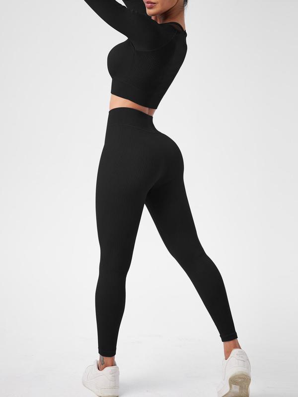 Two Counts Women's Solid Ribbed Long Sleeve Halter Crop Top & High Waist Leggings Tracksuit Set, Tight Cropped Top & Wide Waistband Sports for Workout Gym, Tracksuits for Women, Women's Sportswear