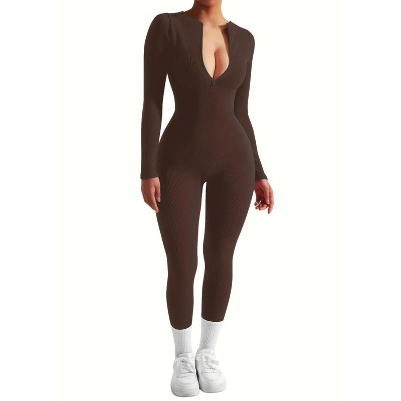 Solid Color Zip-up Skinny Jumpsuit, Athleisure Long Sleeve Jumpsuit For Yoga, Women's Clothing