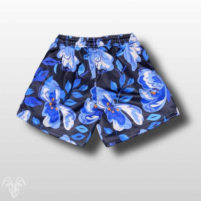 Goat Strength - 5 inch inseam shorts - Men’s flower design shorts - Blue flower shorts - Unisex flower shorts - Gym shorts - Athletic mesh shorts Fitness Zipper Pockets Workout Breathable Casual Stylish  Underwear Print Menswear Tropical Outfit Fabric out