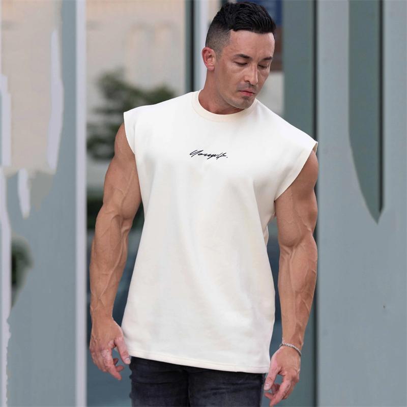 YOUNGLA Gym Sports Fitness Men's Tank Top Cotton round neck oversized sleeveless T-shirt Outdoor Basketball Training Tank Top