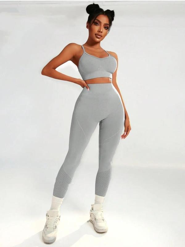 Two-Piece Set Women's Criss Cross Backless Crop Cami Top & Ruched High Waist Leggings Tracksuit Set, Solid Sleeveless Spaghetti Strap Crop Top & Skinny Pants, Ladies Sportswear for Yoga Gym Workout