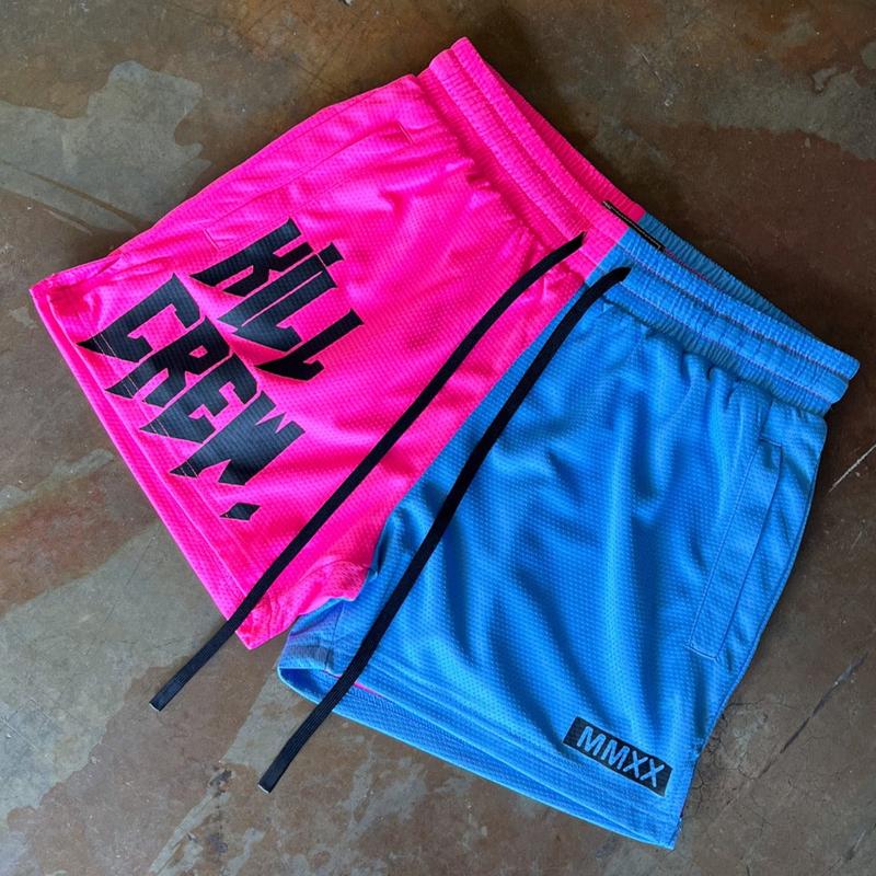 [Kill Crew] Muay Thai Shorts 2 Tone - Pink   Blue, Unisex, Mid Thigh Cut, Pockets, Gym Shorts, Elastic Waistband, Long drawcord with wax tips