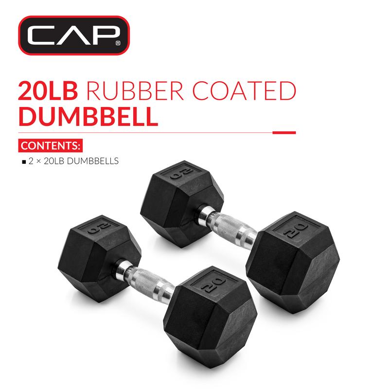 Barbell, 20lb Coated Rubber Hex Dumbbell, Pair