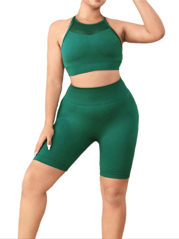 Plus 2pcs Solid Hollow Out Crop Sports Tank Top & Leggings Tracksuit Set, Round Neck Crop Top & Skinny Shorts, Sportswear Set