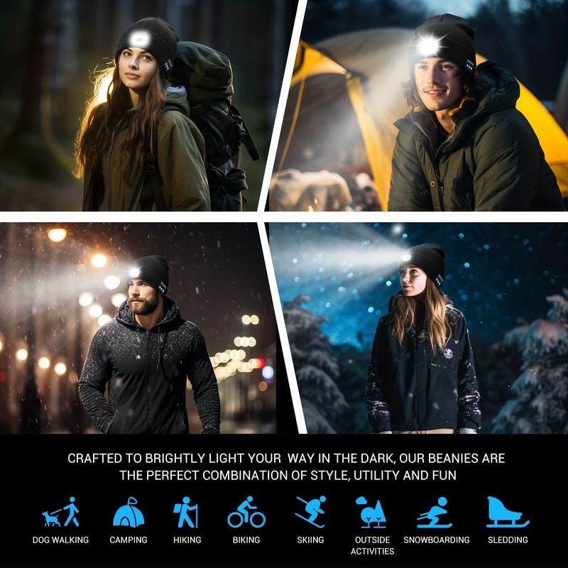 Wireless Beanie Hat with Light - Accessories Headphones - Soft Plush Music Earphones, LED Headwear Light Cap for Night Cycling and Running, Christmas Gift Idea