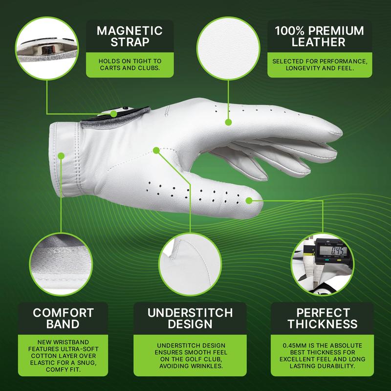 Go for it Golf Men's Golf Glove Left Hand with Magnetic Strap, Cabretta Leather, Efficient Moisture Management golf gift