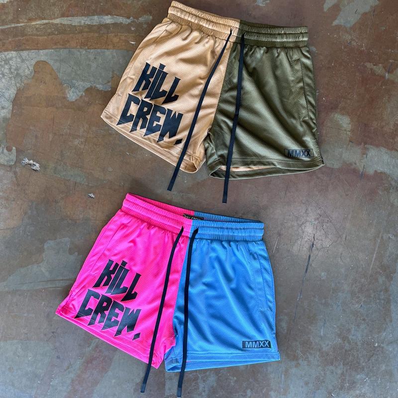 [Kill Crew] Muay Thai Shorts 2 Tone - Pink   Blue, Unisex, Mid Thigh Cut, Pockets, Gym Shorts, Elastic Waistband, Long drawcord with wax tips