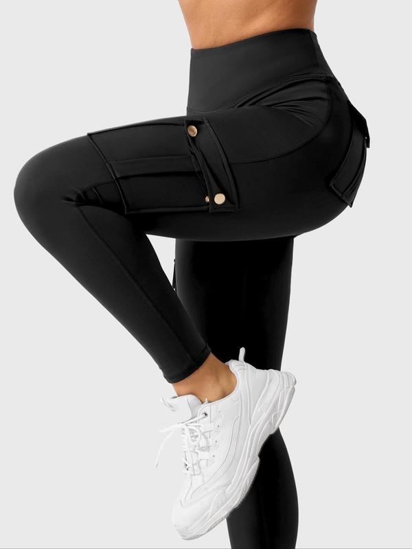 Women's Solid High Waist Button Pocket Sports Leggings, Sporty Comfy Breathable Skinny Pants for Yoga Gym Workout Running, Ladies Sportswear for All Seasons