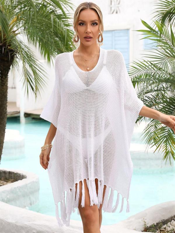 Women's Fringe Trim Hollow Out Split Cover Up, Casual V Neck Batwing Sleeve Cover Up For Summer, Fashion Women's Clothing For Beach Vacation