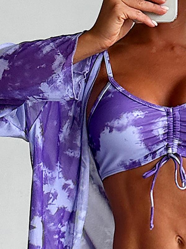 Women's Tie Dye Print Ruched Bikini Swimsuit Set, Casual Long Sleeve Open Front Cover Up & High Waist Swim Shorts & Drawstring Swim Top, Fashion Women's Summer Swimwear