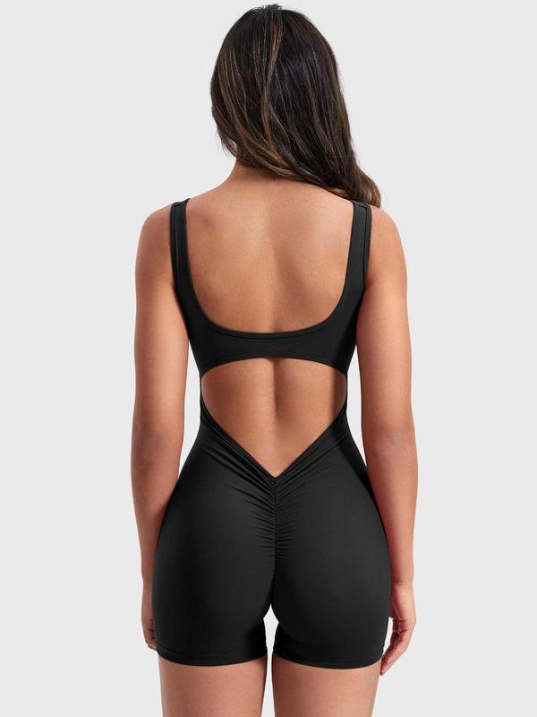 Women's Solid Cut Out Ruched Sports Tank Romper, High Stretch Seamless Yoga Workout Bodysuit, Ladies Sportswear for Indoor Outdoor Wear, Tummy Control